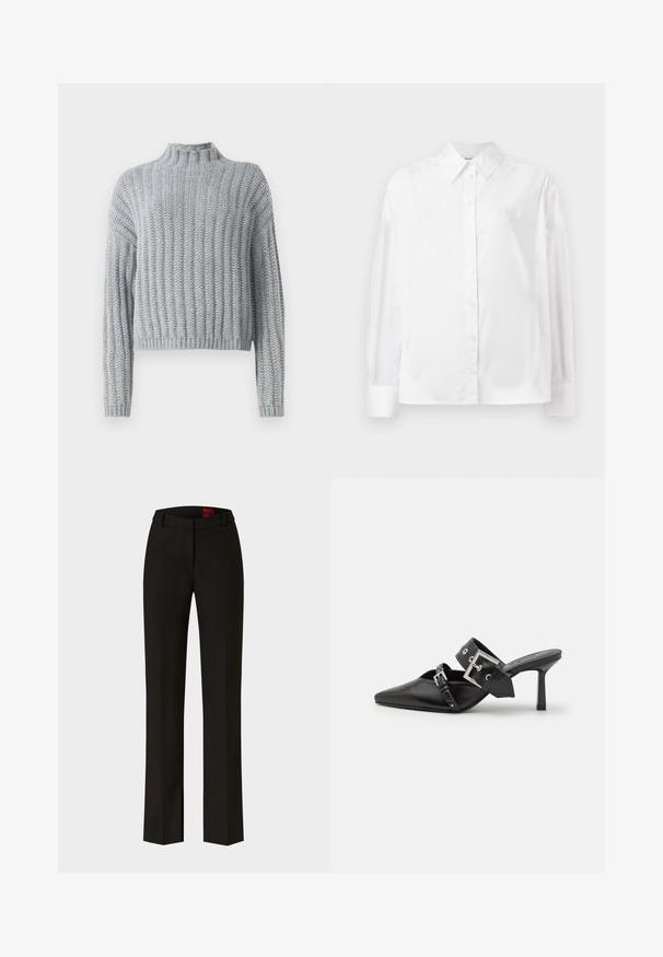 Světle šedý chunky pletený svetr s žebrovaným vzorem, s výstřihem u krku, dlouhými rukávy a mírně zkráceným střihem.; Bílá košile s dlouhým rukávem z hladké bavlněné směsi. Obsahuje klasický límec, přední zapínání na knoflíky a zaoblené manžety.; Černé kalhoty střižené na míru se rovnými nohavicemi a poutky na opasek, s jemným skladovým prvkem v přední části a viditelnou etikou uvnitř pásku.; Černé muly na vysokém podpatku s špičatou špičkou, vyrobené z hladké kůže. Mají široký pás kolem kotníku se čtvercovou stříbrnou sponou a cvočky.