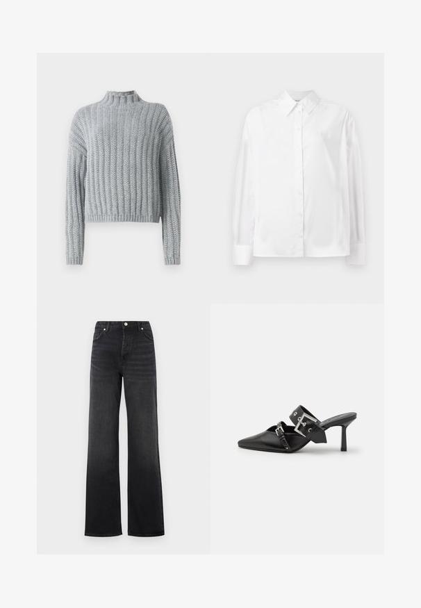 Svijetlosiva debela pletena majica s rebrastim uzorkom, s visokom izrezom, dugim rukavima i malo skraćenim krojem.; Bjela košulja dugih rukava s dugmadi, napravljena od glatke mješavine pamuka. Ima klasični ovratnik, prednje zatvaranje na dugmad te zakrivene manžete.; Crne visoke široke traperice s dugmetom i prednjim džepovima, sa blagim izblješnjenjem na bedrima.; Crne visoke mule s oštrim vrhom, izrađene od glatke kože. Imaju široku narukvicu oko gležnja sa srebrnom kvadratnom kopčom i nitnama.