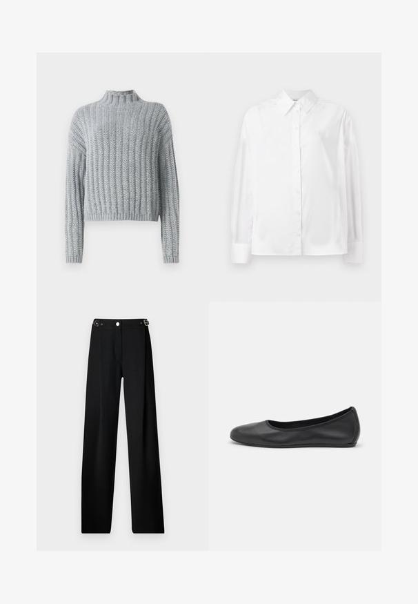 Ljusgrå grovstickad tröja med ribbat mönster, hög krage, långa ärmar och en något kortare passform.; Vit långärmad knapp-up skjorta i en mjuk bomullsblandning. Utrustad med klassisk krage, frontknäppning och rundade manschetter.; Breda svarta byxor i ett strukturerat tyg, med midja och silverfärgad detalj samt knappstängning.; Svart läderballerinaskor med rund tå, slät yta, minimala söm detaljer och en flexibel sula.