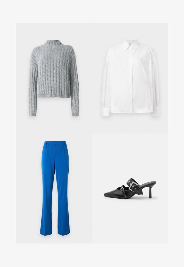 Lys grå chunky strikket sweater med ribbet mønster, høj hals, lange ærmer og en lidt cropped pasform.; Hvid langærmet skjorte med knapper i en blød bomuldsblanding. Har en klassisk krave, frontlukning med knapper og rundede manchetter.; Blå skræddersyede bukser med høj talje, plisseret front og flared ben med sideslids, lavet af et glat, let stof.; Sorte højhælede mules med spids tå, lavet af glat læder. Har et bredt ankelrem med en firkantet sølv spænde og nitter.