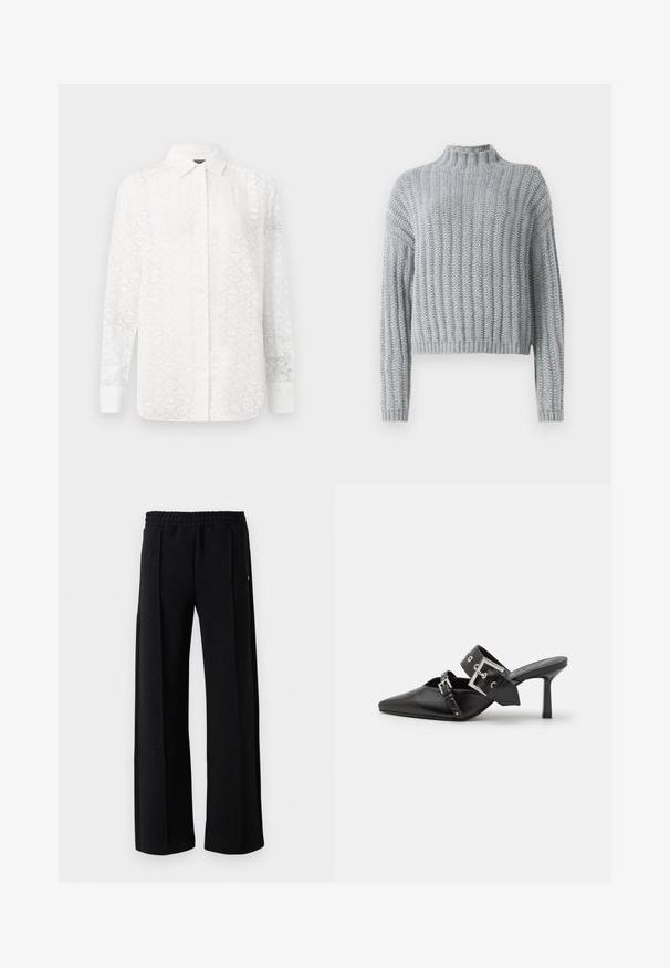 Svijetlosiva debela pletena majica s rebrastim uzorkom, s visokom izrezom, dugim rukavima i malo skraćenim krojem.; Bijela košulja dugih rukava s suptilnim geometrijskim uzorkom, koja ima zakopčavanje s gumbima sprijeda, ovratnik i manžete; izrađena od laganog materijala.; Crne hlače ravnog kroja s elastičnom gumicom u struku i suptilnim teksturiranim uzorkom po cijelom materijalu na bijeloj pozadini.; Crne visoke mule s oštrim vrhom, izrađene od glatke kože. Imaju široku narukvicu oko gležnja sa srebrnom kvadratnom kopčom i nitnama.