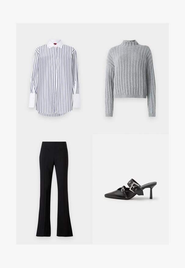 Pulover texturat în nuanță de gri deschis, cu model în pliuri, guler la baza gâtului, mâneci lungi și o croială puțin mai scurtă.; Cămașă albă cu dungi verticale bleumarin, mâneci lungi cu manșete albe, guler clasic și hem curbat. Textură de material neted.; Pantaloni evazați negri, confecționați dintr-un material fin, cu talie înaltă, având două buzunare la spate și o pliu pe partea din față a fiecărei picioare.; Mulele negre cu toc înalt, cu vârful ascuțit, fabricate din piele netedă. Dispun de o curea lată pentru gleznă, cu o cataramă pătrată din argint și cu cuie.