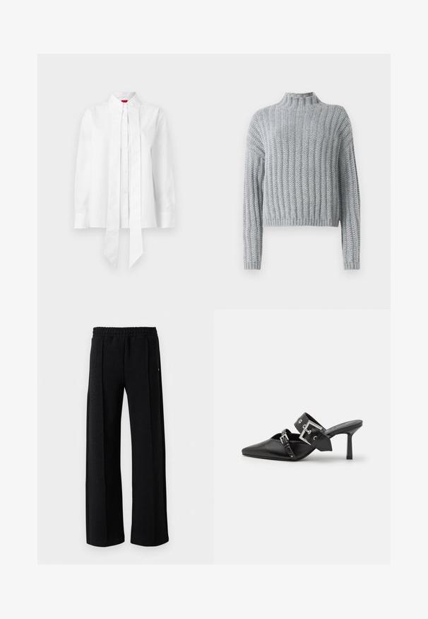 Lichtgrijze chunky gebreide trui met geribd patroon, hoge hals, lange mouwen en een iets cropped pasvorm.; Witte shirt gemaakt van een katoenmix, met een hoge kraag, geplooide voorkant, lange mouwen en een strikdetail aan de onderrand. Glad oppervlak.; Zwarte rechte broek met elastische tailleband en een subtiel gemarmerd patroon in de stof, op een witte achtergrond.; Zwarte hoge hakken mules met een puntige neus, gemaakt van soepel leer. Heeft een brede enkelriem met een vierkante zilveren gesp en studs.