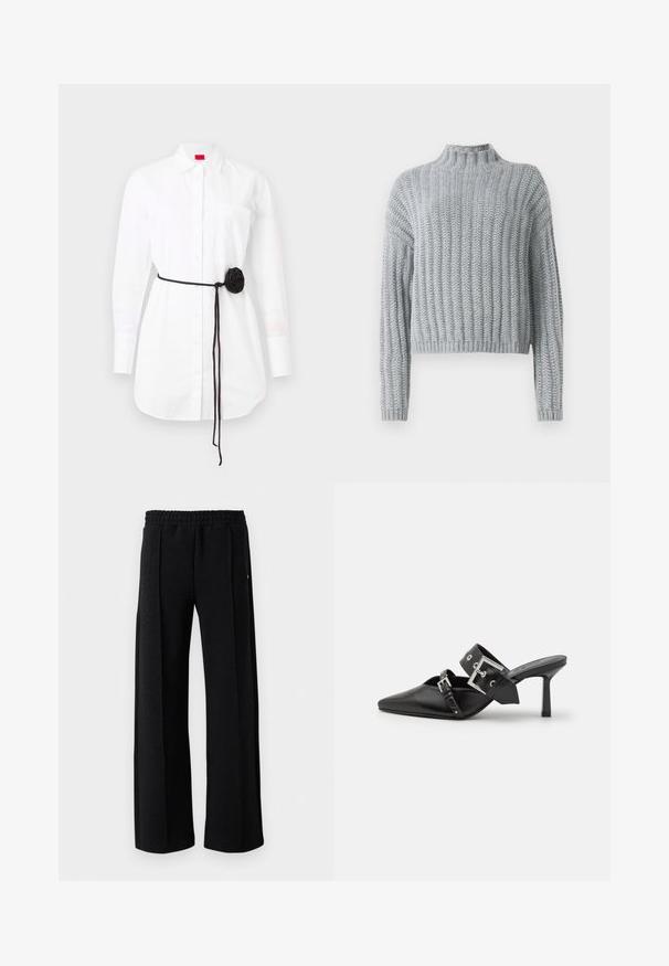 Lichtgrijze chunky gebreide trui met geribd patroon, hoge hals, lange mouwen en een iets cropped pasvorm.; Witte blouseshirt met lange mouwen, een borstzak en een zwarte stoffen riem met een rozetdetail. Gemaakt van katoen met een gladde textuur.; Zwarte rechte broek met elastische tailleband en een subtiel gemarmerd patroon in de stof, op een witte achtergrond.; Zwarte hoge hakken mules met een puntige neus, gemaakt van soepel leer. Heeft een brede enkelriem met een vierkante zilveren gesp en studs.