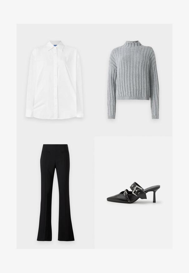 Svijetlosiva debela pletena majica s rebrastim uzorkom, s visokom izrezom, dugim rukavima i malo skraćenim krojem.; Bijela košulja na dugmadi s klasičnom kragnom, dugim rukavima i suptilnim toniranim uzorkom. Glatka pamučna tkanina s ležernim krojem.; Crne hlače s proširenim donjim dijelom izrađene od glatkog materijala, visokog struka, s dva stražnja džepa i pregibom duž prednje strane svake nogavice.; Crne visoke mule s oštrim vrhom, izrađene od glatke kože. Imaju široku narukvicu oko gležnja sa srebrnom kvadratnom kopčom i nitnama.
