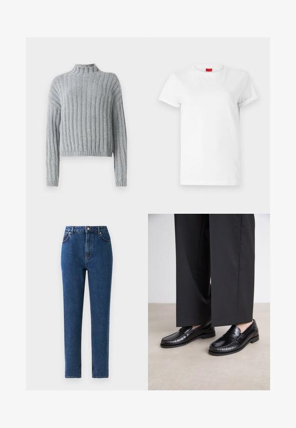 Vaaleanharmaa paksu neulepusero, jossa on ribbimitattu kuvio, mock-neck, pitkät hihat ja hieman lyhyempi malli.; Valkoinen lyhythihainen t-paita, joka on valmistettu kevyestä puuvillasta. Siinä on pyöreä pääntie ja käännetyt hihat. Kauluksessa on punainen logo-tunnus.; Siniset korkeavyötäröiset farkut suoranlahkeilla, joissa on viisi taskua, metallinappi suljenta ja ommellut yksityiskohdat saumoissa.; Mustat nahka loaferit, joissa on sileä pinta, tikattu yksityiskohta varpaiden ympärillä ja matala kumipohja. Yhdistetty leveiden mustien housujen kanssa.