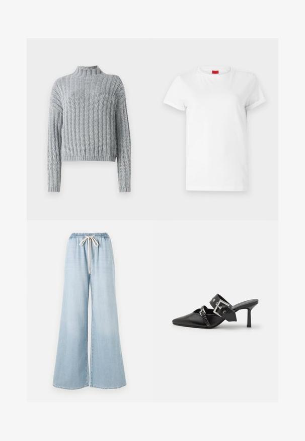 Lichtgrijze chunky gebreide trui met geribd patroon, hoge hals, lange mouwen en een iets cropped pasvorm.; Witte T-shirt met korte mouwen, gemaakt van lichtgewicht katoen. Heeft een ronde hals en opgerolde mouwen. Rode merketiket op de kraag.; Lichtblauwe wijde jeans van denim, met een elastische tailleband voorzien van een trekkoord en een gladde structuur.; Zwarte hoge hakken mules met een puntige neus, gemaakt van soepel leer. Heeft een brede enkelriem met een vierkante zilveren gesp en studs.
