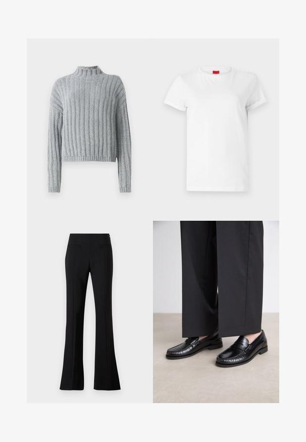 Lichtgrijze chunky gebreide trui met geribd patroon, hoge hals, lange mouwen en een iets cropped pasvorm.; Witte T-shirt met korte mouwen, gemaakt van lichtgewicht katoen. Heeft een ronde hals en opgerolde mouwen. Rode merketiket op de kraag.; Zwarte flared broek gemaakt van een gladde stof met een hoge taille, met twee achterzakken en een plooi aan de voorkant van ieder been.; Zwarte leren instappers met een gladde afwerking, gestikte details rond de teen en een lage rubberen zool. Gepaard met brede zwarte broeken.