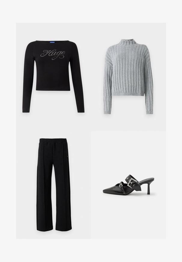 Svijetlosiva debela pletena majica s rebrastim uzorkom, s visokom izrezom, dugim rukavima i malo skraćenim krojem.; Crna majica dugih rukava s krojenjem koje otkriva trbuh, sa "Hugo" logom u srebrnim cirkonima sprijeda. Izrađena od rastezljivog materijala.; Crne hlače ravnog kroja s elastičnom gumicom u struku i suptilnim teksturiranim uzorkom po cijelom materijalu na bijeloj pozadini.; Crne visoke mule s oštrim vrhom, izrađene od glatke kože. Imaju široku narukvicu oko gležnja sa srebrnom kvadratnom kopčom i nitnama.