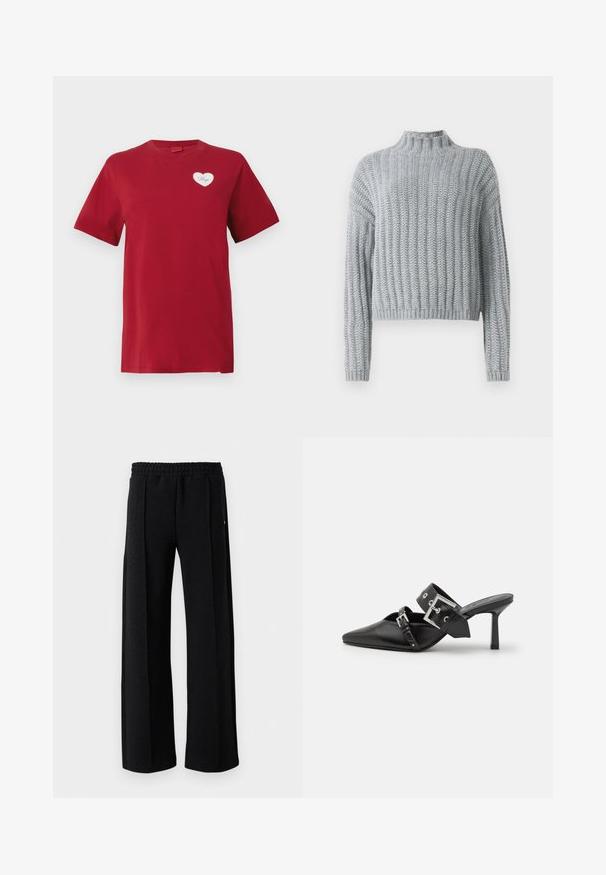 Heled hallid kootud sviiter, millel on soonikustruktuur, noku kaelus, pikad varrukad ja veidi lühike lõige.; Punase lühikese varrukaga T-särk, mille vasakul rinnal on väike valge südameplekk, millel on sõna "Hugo."; Mustad sirged püksid elastse vöökoha ja peene tekstuuriga mustril kogu kanga ulatuses valgel taustal.; Mustad mustad kõrged kontsad, terava toe ja siledast nahast. Omab laia pahkluu rihma ruudukujulise hõbedase klambri ja nurgakujuliste naeltega.