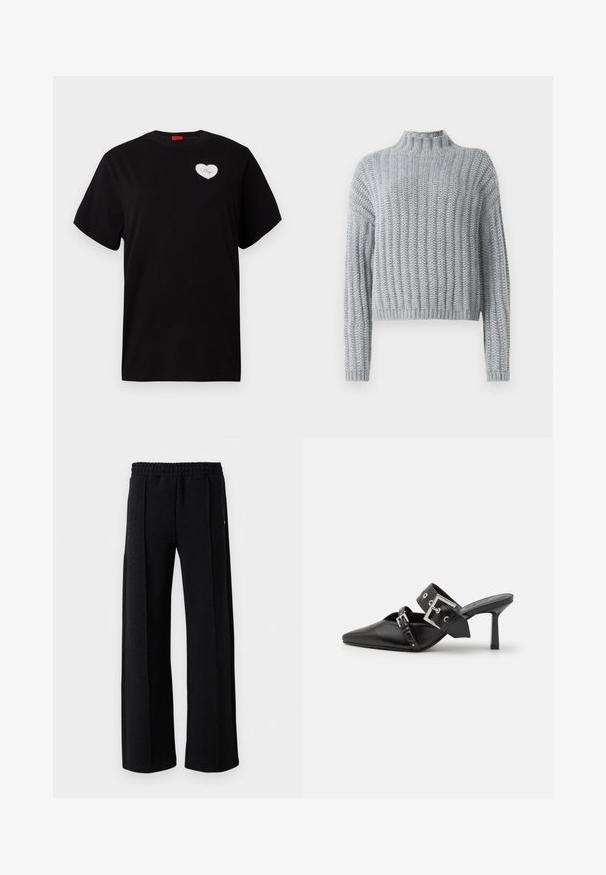 Šviesiai pilkas storas mezginys su raukšlėtu raštu, su apykakle, ilgomis rankovėmis ir šiek tiek trumpesne apdaila.; Juodas trumpas rankovė T marškinėlis, pagamintas iš medvilnės. Su baltu širdies formos lopu, kuriame užrašas "Hugo" rašiklio šriftu kairiajame krūtinės srityje.; Baltas ilgas rankovėmis marškiniai su mygtukais, pagaminti iš lygaus medvilnės mišinio. Yra klasikinė apykaklė, priekinis mygtukų uždarymas ir apvalios rankogaliai.; Juodi tiesūs kelnės su elastine juosta ir subtiliu tekstūruotu raštu per audinį ant balto fono.; Juodos aukštakulnės mule bateliai su smailiu pirštu, pagaminti iš lygaus odos. Turi platų kulkšnies dirželį su kvadratiniu sidabro sagtimi ir skulptūromis.