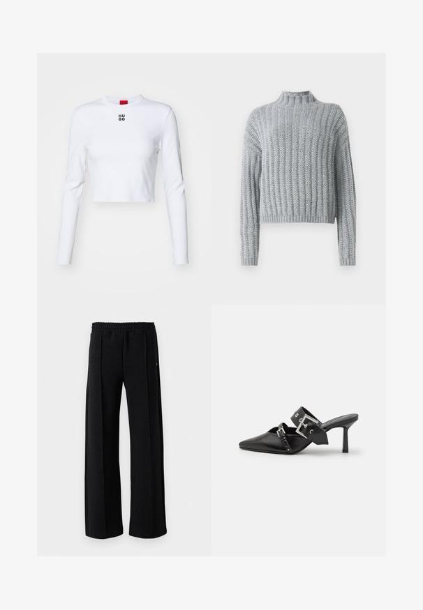 Helles graues, grob gestricktes Sweatshirt mit Rippmuster, Stehkragen, langen Ärmeln und einem leicht verkürzten Schnitt.; Weißes Langarm-Crop-Top aus Baumwolle mit Rundhalsausschnitt und kleinem schwarzen "HUGO"-Logo auf der Brust. Glatte Textur mit körperbetontem Design.; Schwarze gerade Hosen mit elastischem Bund und subtiler Struktur im gesamten Stoff auf einem weißen Hintergrund.; Schwarze High-Heel-Mules mit spitzem Zeh aus glattem Leder. Mit einem breiten Knöchelriemen, der eine quadratische silberne Schnalle und Nieten aufweist.