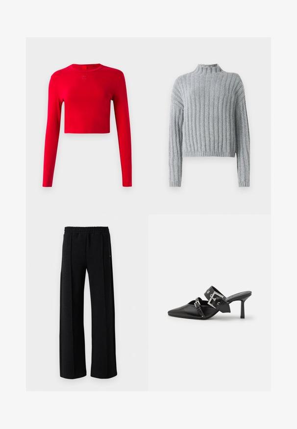 Svetre z hrubej svetlej šedej priadze s rebrovaným vzorom, polo-vystrihom, dlhými rukávmi a mierne skráteným strihom.; Červený krátky rukáv top s dlhým rukávom a okrúhlym výstrihom, so malým reliéfom "HUGO" umiestneným pod golierom na jednoduchej pozadí.; Čierne nohavice rovného strihu s elastickým pásom a jemným textúrovaným vzorom po celej látke na bielom pozadí.; Čierne vysoké podpätky mule so špicatou špičkou, vyrobené z hladkej kože. Obsahujú široký členkový remienok so štvrcovým strieborným sponom a cvokmi.