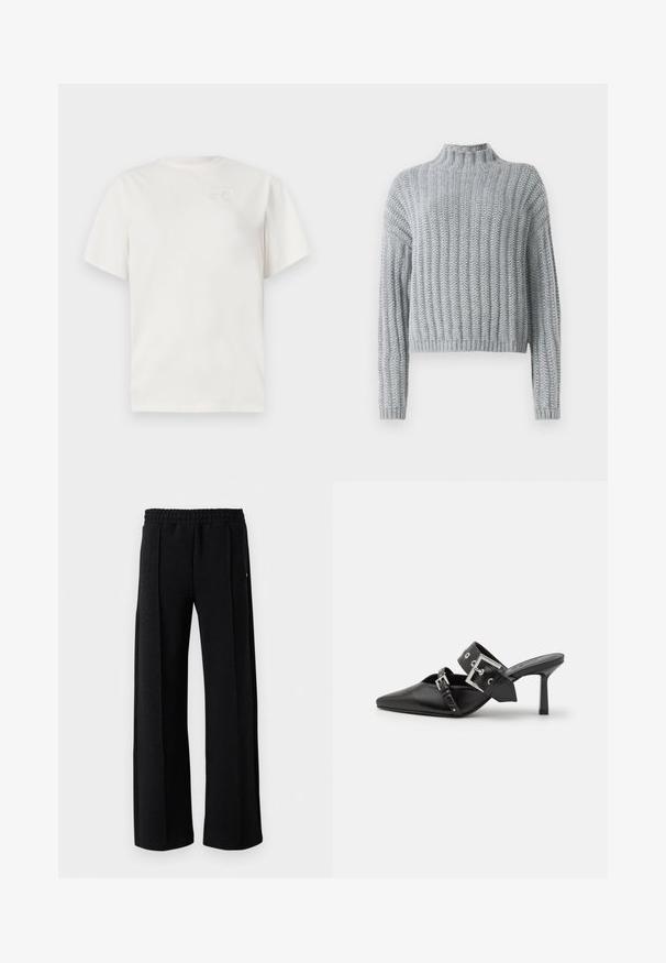 Šviesiai pilkas storas mezginys su raukšlėtu raštu, su apykakle, ilgomis rankovėmis ir šiek tiek trumpesne apdaila.; Balta medvilnės marškinėliai su apvalia iškirpte, trumpomis rankovėmis ir subtiliu iškilniu logotipu krūtinėje. Lygus paviršius ir laisvas kirpimas.; Baltas ilgas rankovėmis marškiniai su mygtukais, pagaminti iš lygaus medvilnės mišinio. Yra klasikinė apykaklė, priekinis mygtukų uždarymas ir apvalios rankogaliai.; Juodi tiesūs kelnės su elastine juosta ir subtiliu tekstūruotu raštu per audinį ant balto fono.; Juodos aukštakulnės mule bateliai su smailiu pirštu, pagaminti iš lygaus odos. Turi platų kulkšnies dirželį su kvadratiniu sidabro sagtimi ir skulptūromis.