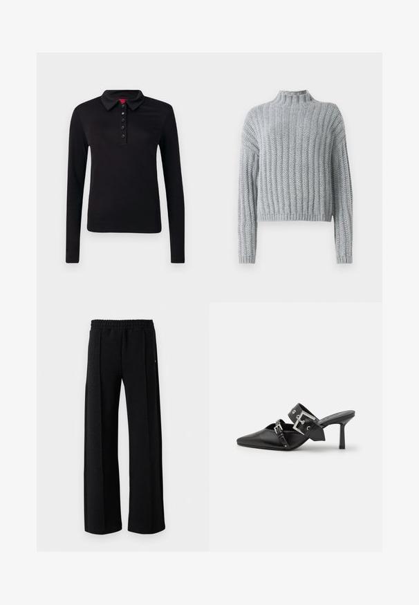 Gaiši pelēks masīvs adīts džemperis ar ribotu rakstu, ar augstu apkakli, garām piedurknēm un nedaudz saīsinātu piegriezumu.; Melnas garām piedurknēm polo krekls, izgatavots no gludas auduma, ar apkakli, sešiem pogu aizdariem un taisnu apakšmalu bez redzamām rakstiem.; Melni taisni bikses ar elastīgu jostasvietu un smalku teksturētu rakstu visa auduma garumā uz baltas fona.; Melnas augstpapēžu mūles ar norādītu purngalu, izgatavotas no gludas ādas. Iekļauj plašu potītes siksnu ar kvadrātveida sudraba sprādzi un kniedēm.