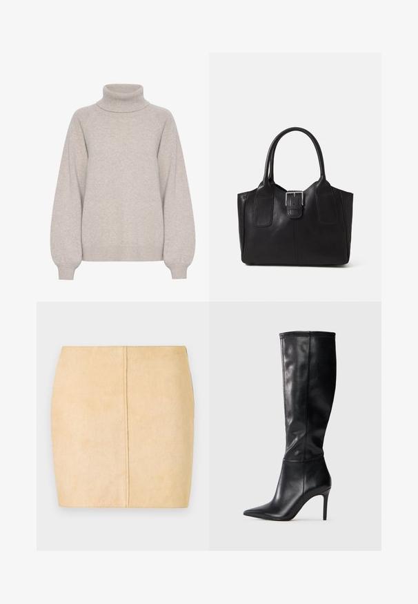 Lichtbeige coltrui gemaakt van zacht breiwerk. Beschikt over raglanmouwen en geribbelde boorden, met een ontspannen pasvorm en minimale details.; Beige suède mini-jurk met een gladde textuur, een aansluitende vorm en centrale naaddetails. Geen zichtbare hardware of versieringen.; Kniehoge zwarte leren laarzen met een puntige neus en stilettohak, met een gladde textuur en een minimalistisch ontwerp zonder zichtbare versieringen.; Zwarte leren tote bag met een gladde textuur, gestructureerde vorm, twee handvatten en een opvallend zilveren sluitingdetail aan de voorkant.