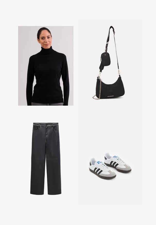 CASH-MERE CASH-MERE ROLLKRAGEN PULLOVER - Strickpullover - schwarz; Schwarze Fake-Leder-Hose mit weitem Bein, Gürtelschlaufen, vier Taschen und einer glatten Textur. Verfügt über ein schlichtes, minimalistisches Design.; Sportschuhe mit einem Obermaterial aus weißem Leder, grauer Wildleder-Zehenkappe und drei schwarzen Streifen. Sie verfügen über ein blaues Logo auf der Zunge und eine strukturierte Gummisohle.; Schwarze Nylon-Umhängetasche mit geschwungener Form, silbernem Kettenakzent, abnehmbarem Mini-Pouch und verstellbarem Trageriemen; mit "Steve Madden"-Logo.