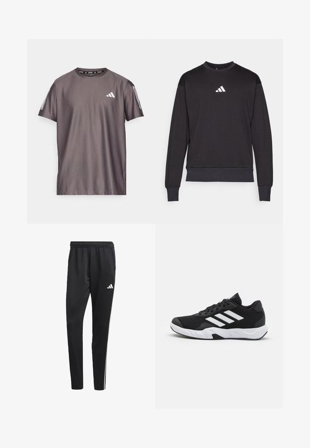 Svart hettegenser med lange ermer, ribbestrikkede mansjetter og nederkant; har et hvitt Adidas-logo på brystet, laget av myk, teksturert stoff.; adidas Performance OTR B - T-skjorte til trening - charcoal; Sorte treningsbukser med en elastisk midje, hvite side.striper og en liten hvit logo på låret. Laget av et glatt, lett materiale.; Sorte joggesko med teksturert mesh-overdel, hvite aksentstriper, en polstret såle og en forsterket hæl for støtte.