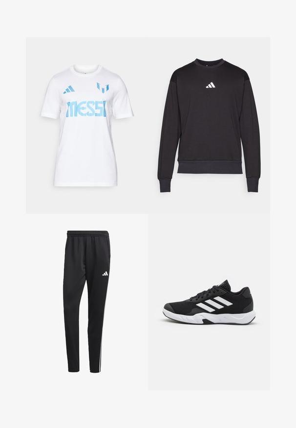 Schwarzer Pullover mit langen Ärmeln, gerippten Bündchen und Saum; verfügt über ein weißes Adidas-Logo auf der Brust und besteht aus weichem, strukturiertem Material.; Weißes Baumwoll-T-Shirt mit blauem "MESSI"-Text und zwei blauen Streifen an den Schultern. Rundhalsausschnitt, kurze Ärmel.; Schwarze Sporthose mit einem dehnbaren Bund, weißen Seitenstreifen und einem kleinen weißen Logo auf dem Oberschenkel. Hergestellt aus einem glatten, leichten Material.; Schwarze Sportschuhe mit einem strukturierten Mesh-Obermaterial, weißen Akzentstreifen, einer gepolsterten Sohle und einer verstärkten Ferse für Unterstützung.