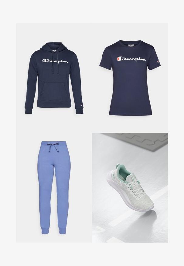 Námornícky mikina s kapucňou vyrobená z mäkkej látky. Obsahuje klokanie vrecko, kapucňu so sťahovacou šnúrkou a výrazné biele logo "Champion" na prednej strane.; Námornícky modré bavlnené tričko s krátkymi rukávmi, s bielym logom "Champion". Štandardný strih s okrúhlym výstrihom a jemnou textúrou.; Svetlo modré tepláky vyrobené z mäkkého materiálu, s šnúrkou v páse, rebrovanými manžetami a malým logom na stehne.; Svetlošedé športové topánky s štruktúrovaným pleteným zvrškom, mätozelenými akcentmi, bielymi šnúrkami, gumovou podrážkou a pútkom na päte.