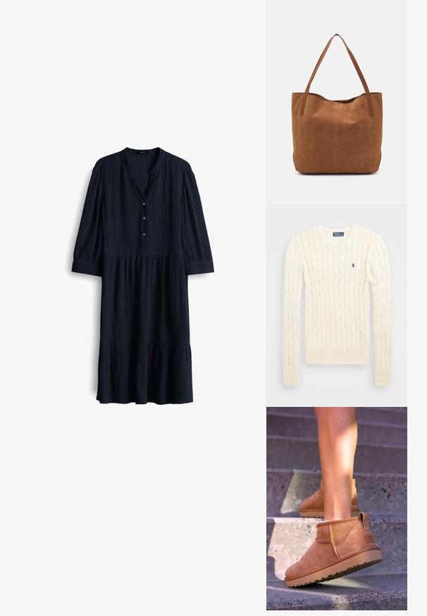 Cremefarbener kabelgehäkelter Pullover mit langen Ärmeln, gerippten Bündchen und Saum, mit einem kleinen gestickten Logo auf der linken Brust.; Navyblaues, strukturiertes Baumwollkleid mit V-Ausschnitt, drei Knöpfen und Dreiviertelärmeln. Ausgestellter Saum mit gerafften Akzenten.; Beige Wildleder-Ankelstiefel mit weicher Textur, gesteppten Details und einer Gummisohle, ausgestattet mit einer Schlaufe an der Ferse für einfaches An- und Ausziehen.; Braune Wildleder-Tote mit zwei langen Henkeln, die eine glatte Textur, ein einfaches Design und keine sichtbaren Beschläge oder Akzente aufweist.