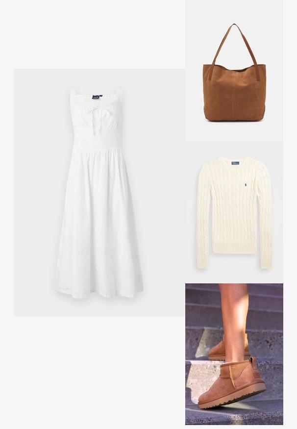 Krém színű, kabelmintás pulóver hosszú ujjal, bordás mandzsettával és aljjal, bal mellen egy kis hímzett logóval.; Fehér ruha négyzet alakú dekoltázzsal, rakott derékkal és bővülő szoknyával. Virágmintás hímezés díszíti az anyagot, és vékony pántokkal rendelkezik.; Barna nubuk bokacsizmák, puha textúrával, varrott részletekkel és gumitalpakkal, hurok alakú sarokkal a könnyű felvétel érdekében.; Barna velúr táska két hosszú fogantyúval, sima textúrával, egyszerű dizájnnal, és látható fém részek vagy díszítés nélkül.