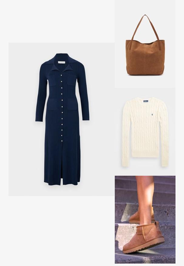 Krém színű, kabelmintás pulóver hosszú ujjal, bordás mandzsettával és aljjal, bal mellen egy kis hímzett logóval.; Tengerészkék kötött ruha gallérral, elülső gombokkal és két mellzsebbel. Függőleges bordázott textúrával és elülső hasítékkal a mozgás érdekében.; Barna nubuk bokacsizmák, puha textúrával, varrott részletekkel és gumitalpakkal, hurok alakú sarokkal a könnyű felvétel érdekében.; Barna velúr táska két hosszú fogantyúval, sima textúrával, egyszerű dizájnnal, és látható fém részek vagy díszítés nélkül.
