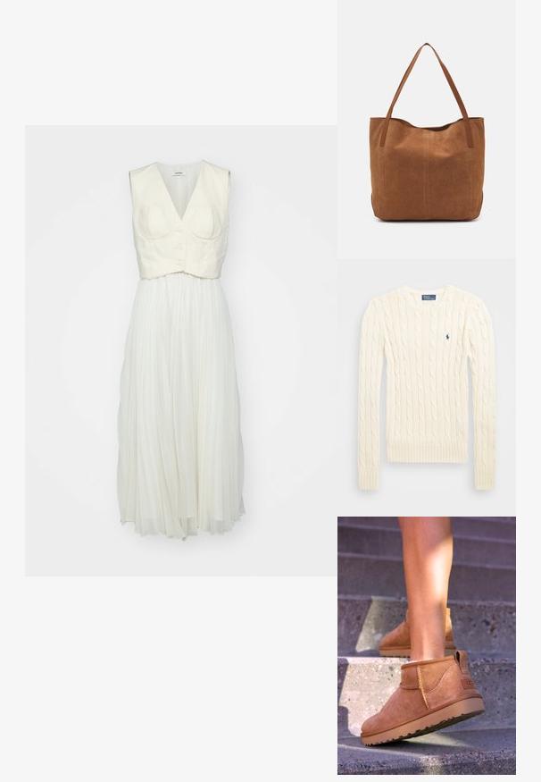 Kreemi kaabliga kudumiga sviiter pikkade varrukatega, ribakardinate ja hemiga, millel on vasakul rinnal väike tikkitud logo.; sandro ROBE - Vapaa-ajan mekko - ecru; Kahdenruskeat mokkanahkaiset nilkkurit, joissa on pehmeä pinta, kirjailtua yksityiskohtaa ja kumipohja. Kengissä on myös kätevä lenkki kantapäässä, joka helpottaa pukemista.; Ruskean mokkanahkainen olkalaukku, jossa on kaksi pitkää kantohihnaa. Laukussa on sileä pinta, yksinkertainen muotoilu ja ei näkyviä materiaaleja tai koristeita.