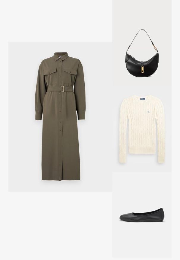 Cremefarvet kabelstrikket sweater med lange ærmer, ribbede manchetter og kant, med et lille broderet logo på venstre bryst.; Olivenfarvet skjorte kjole med lange ærmer, knaplukning foran, to brystlommer og taljebælte med en rektangulær guldspænde.; Sort læderballetsko med rund tå, glat tekstur, minimal syning og et fleksibelt såldesign.; Sort læderhåndtaske i halvmåneform. Har en gylden hardwaredetalje og en smal rem. Glat tekstur, lynlås lukning øverst.