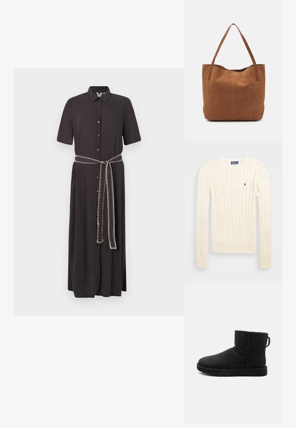 Krem pulover s kablom in dolgimi rokavi, žebljarji na manšetah in ob robu, vsebuje majhen izvezen logotip na levem prsnem delu.; Črna obleka s kratkimi rokavi, gumbom po sprednji strani in ujemajočim pasom z kontrastnim dekorativnim šivom.; Črne antilop škornje do gležnjev z okroglo konico, obložene s krznom in z ravnim gumijastim podplatom. Imajo stranski šiv in zanka za obuvanje na zadnji strani.; Rjava nubuk torba z dvema dolgima ročajema, ki ima gladko teksturo, preprost dizajn in brez vidnih kovinskih delov ali okrasov.