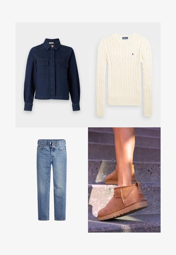 Crème kabelbreiselsweater met lange mouwen, geribbelde manchetten en zoom, met een klein geborduurd logo op de linkerkant van de borst.; Marineblauwe denimjacket met een spitse kraag, twee voorzakken en knoopsluiting. Heeft lange mouwen en een gestructureerde fit.; Lichtblauwe spijkerbroek met een rechte snit, vijf zakken en een knoopsluiting. Heeft subtiele vervaging en oranje stikselaccenten.; Tamme suède enkelboots met een zachte textuur, gestikte details en een rubberen zool, met een lusvormige hak voor gemakkelijk aan- en uittrekken.