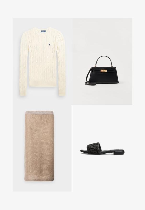 Suéter crema de punto trenzado con manga larga, puños y dobladillo acanalados, que presenta un pequeño logo bordado en el lado izquierdo del pecho.; Bufanda de punto beige con un sutil brillo, acabado texturizado y un borde de color más claro en el borde superior. Forma rectangular.; Chancla negra con parte superior acolchada, suela plana y diseño minimalista. Hecha de material sintético con textura suave y sin hardware visible.; Bolso de mano de cuero negro con forma trapezoidal estructurada, cierre de hardware dorado y costuras blancas en contraste. Incluye un asa corta y una correa larga.