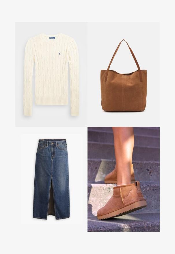 Cream cable-knit sweater with long sleeves, ribbed cuffs and hem, featuring a small embroidered logo on the left chest.; Levi's® ANKLE COLUMN SKIRT - Maxi skirt - wave hello; Tan suede ankle boots with a soft texture, stitched detailing, and a rubber sole, featuring a looped heel for easy wear.; Brown suede tote bag with two long handles, featuring a smooth texture, simple design, and no visible hardware or accents.