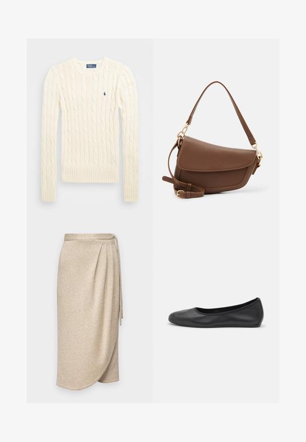 Maglione crema a costine con maniche lunghe, polsini e orlo a coste, caratterizzato da un piccolo logo ricamato sul lato sinistro del petto.; Gonna avvolgente beige realizzata in un tessuto morbido e testurizzato con una leggera lucentezza. Presenta una vita legata e un design drappeggiato con un orlo che curva dolcemente.; Pantofole da balletto nere in pelle con punta arrotondata, texture liscia, dettagli di cucitura minimi e design con suola flessibile.; Borsa a spalla in pelle marrone con finitura testurizzata, forma curva, hardware dorato, tracolla regolabile e chiusura a patta.