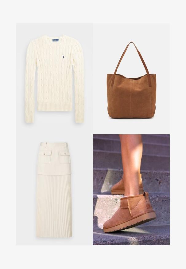 Cream cable-knit sweater with long sleeves, ribbed cuffs and hem, featuring a small embroidered logo on the left chest.; Cream pleated skirt featuring a fitted top with two front pockets and decorative buttons. Material is smooth, with a flowing, textured lower section.; Tan suede ankle boots with a soft texture, stitched detailing, and a rubber sole, featuring a looped heel for easy wear.; Brown suede tote bag with two long handles, featuring a smooth texture, simple design, and no visible hardware or accents.