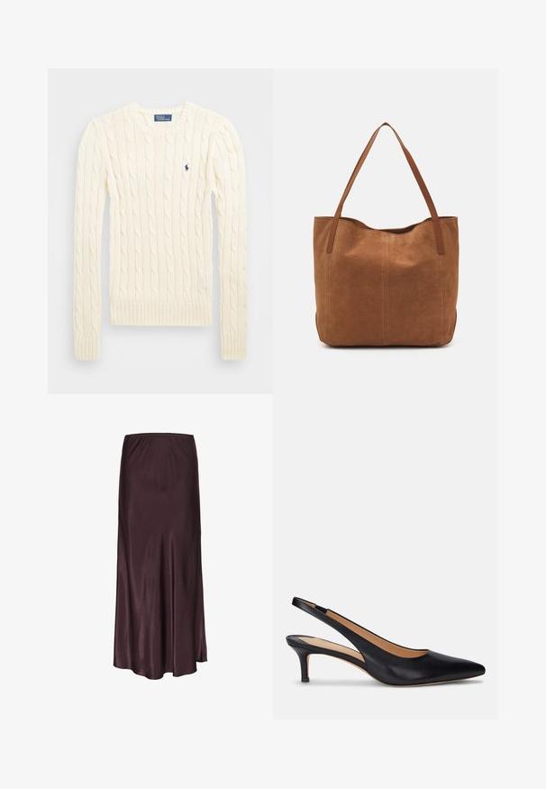 Cream cable-knit sweater with long sleeves, ribbed cuffs and hem, featuring a small embroidered logo on the left chest.; Satin midi skirt in deep burgundy with an elastic waistband, flowing design, and a smooth, glossy texture. No visible patterns or accents.; Black leather slingback pump with a pointed toe, low kitten heel, and smooth texture. Features an open back design and minimal stitching details.; Brown suede tote bag with two long handles, featuring a smooth texture, simple design, and no visible hardware or accents.