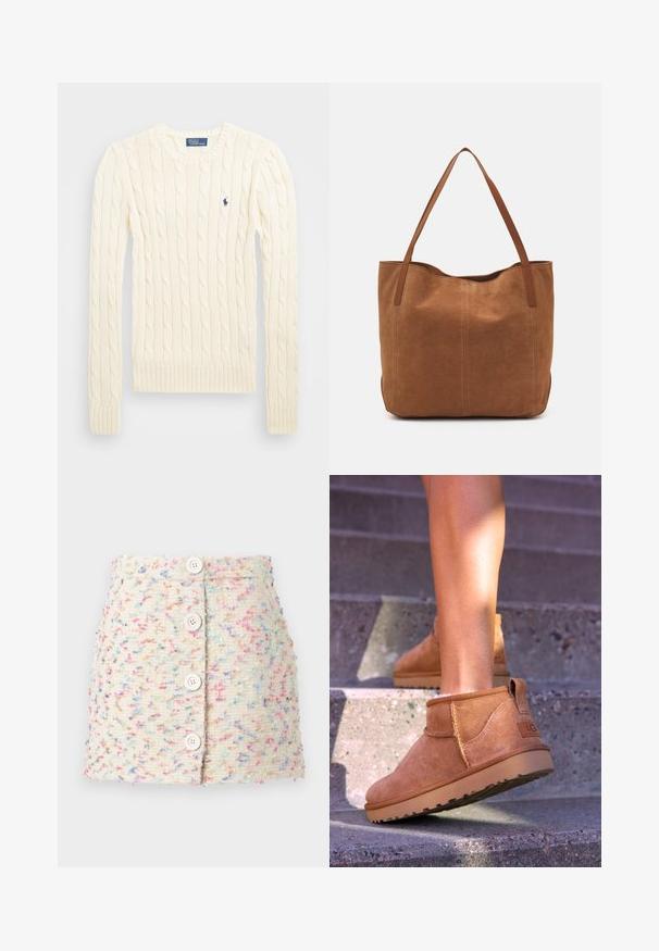 Kreminė megzta palaidinė su ilgomis rankovėmis, gumbuotais rankogaliais ir apačia, su nedideliu išsiuvinėtų logotipu kairiajame krūtinės kampe.; Pinti audinio mini sijonas šviesiai grietinėlės spalvos su spalvingomis dėmėmis. Pirmame plane yra keturi dideli balti mygtukai ir tekstūruotas paviršius.; Samaniniai suknelės auliniai batai su minkšta tekstūra, siūlės detalėmis ir guminiu padu, su kilpiniu kulnu, kad būtų patogu užsivilkti.; Ruda zomšos pasukta rankinė su dviem ilgomis rankenomis, pasižyminti lygiu paviršiumi, paprastu dizainu ir be matomų detalių ar akcentų.