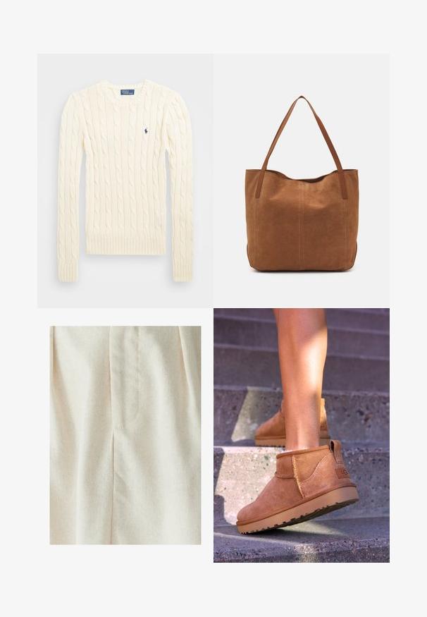 Cremefarbener kabelgehäkelter Pullover mit langen Ärmeln, gerippten Bündchen und Saum, mit einem kleinen gestickten Logo auf der linken Brust.; WILLA MIMIE MIDI - Faltenrock - natural; Beige Wildleder-Ankelstiefel mit weicher Textur, gesteppten Details und einer Gummisohle, ausgestattet mit einer Schlaufe an der Ferse für einfaches An- und Ausziehen.; Braune Wildleder-Tote mit zwei langen Henkeln, die eine glatte Textur, ein einfaches Design und keine sichtbaren Beschläge oder Akzente aufweist.