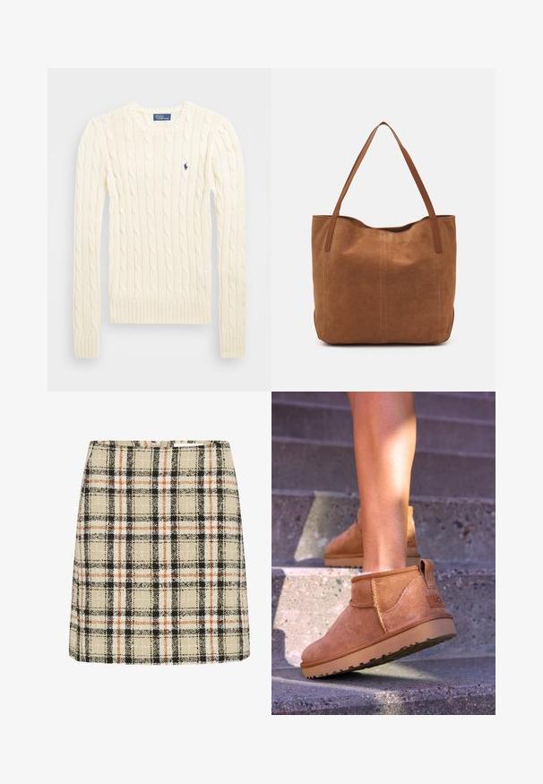 Cream cable-knit sweater with long sleeves, ribbed cuffs and hem, featuring a small embroidered logo on the left chest.; Plaid mini skirt in beige, black, and orange. Textured fabric with a square pattern. A-line shape with a fitted waistline.; Tan suede ankle boots with a soft texture, stitched detailing, and a rubber sole, featuring a looped heel for easy wear.; Brown suede tote bag with two long handles, featuring a smooth texture, simple design, and no visible hardware or accents.