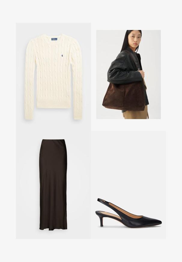 Maglione crema a costine con maniche lunghe, polsini e orlo a coste, caratterizzato da un piccolo logo ricamato sul lato sinistro del petto.; Lindex SKIRT MARY - Gonna lunga - dark brown; Pump slingback in pelle nera con punta affilata, tacco kitten basso e texture liscia. Presenta un design con schiena aperta e dettagli di cucitura minimi.; Una donna con giacca di pelle nera e pantaloni beige porta una grande borsa a tracolla in suede marrone.