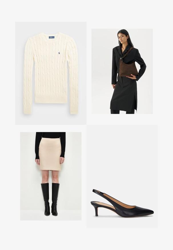 Krémový svetr s pleteným vzorem, dlouhými rukávy, žebrovanými manžetami a lemem, se malým vyšívaným logem na levé hrudi.; Úzká béžová sukně s texturovanou tkaninou, spárovaná s černými koženými botami až ke kolenům. Oblečení se vyznačuje jednoduchým designem a neutrální barevnou paletou.; Černé kožené lodičky na slingback s špičatou špičkou, nízkým jehlovým podpatkem a hladkým povrchem. Má otevřenou zadní část a minimální švy.; Žena oblečená v černém saku a sukni, držící velkou tmavě hnědou semišovou kabelku přes rameno na bílém pozadí.
