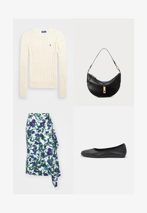 Krém színű, kabelmintás pulóver hosszú ujjal, bordás mandzsettával és aljjal, bal mellen egy kis hímzett logóval.; Fehér virágmintás rakott szoknya, kék és zöld fröcskölés mintákkal, puha anyaggal, aszimmetrikus szegéllyel és oldalsó draped részlettel.; Fekete bőr balettcipő lekerekített orral, sima tekstúrával, minimális varrással és rugalmas talp kialakítással.; Fekete bőr kézitáska félhold alakú formában. Aranyszínű fémrészekkel és keskeny pánttal rendelkezik. Simább felület, cipzáras záródás a tetején.