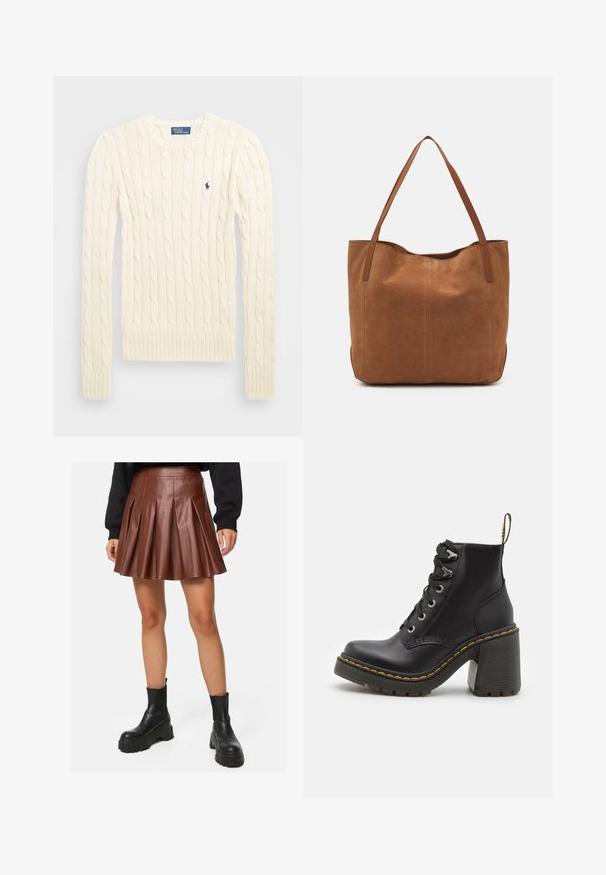Maglione crema a costine con maniche lunghe, polsini e orlo a coste, caratterizzato da un piccolo logo ricamato sul lato sinistro del petto.; Gonna plissettata in finta pelle marrone con vita aderente, design a strati e texture morbida, abbinata a stivali alla caviglia neri e chunky.; Stivaletto in pelle nera con tacco alto chunky, lacci frontali, occhielli in metallo e cuciture gialle lungo la suola. Suola in gomma testurizzata.; Borsa a spalla in suede marrone con due manici lunghi, caratterizzata da una texture liscia, design semplice e senza hardware o dettagli visibili.