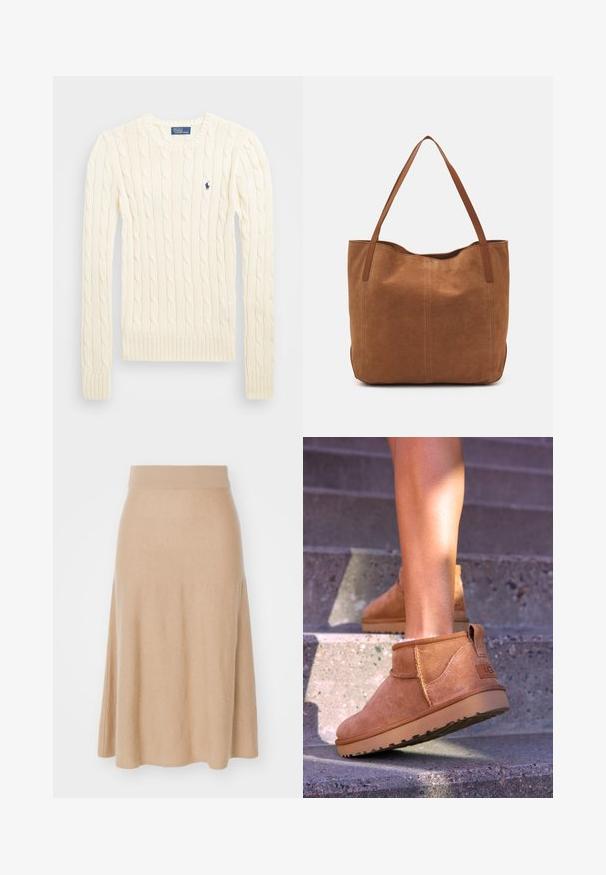 Krémový svetr s pleteným vzorem, dlouhými rukávy, žebrovanými manžetami a lemem, se malým vyšívaným logem na levé hrudi.; Pletená, rozšířená sukně v béžové barvě, vybavená širokým elastickým pasem a hladkou texturou. Délka ke kolenům, s jednoduchým a nezdobeným designem.; Světlé semišové kotníkové boty s měkkou strukturou, prošívanými detaily a gumovou podrážkou, s okrouhlým podpatkem pro snadné obouvání.; Hnědá semišová taška s dvěma dlouhými uchy, se hladkým povrchem, jednoduchým designem a bez viditelného kování nebo dekorací.