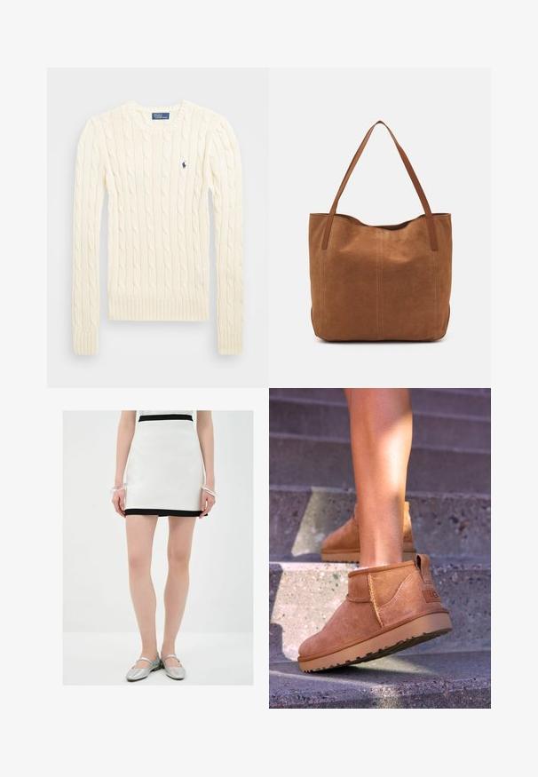 Cremefarbener kabelgehäkelter Pullover mit langen Ärmeln, gerippten Bündchen und Saum, mit einem kleinen gestickten Logo auf der linken Brust.; Weißer Minirock mit schwarzem Saum, aus glattem Material. Das Model trägt silberne Ballerinas und ein durchsichtiger Armreif an einem Handgelenk.; Beige Wildleder-Ankelstiefel mit weicher Textur, gesteppten Details und einer Gummisohle, ausgestattet mit einer Schlaufe an der Ferse für einfaches An- und Ausziehen.; Braune Wildleder-Tote mit zwei langen Henkeln, die eine glatte Textur, ein einfaches Design und keine sichtbaren Beschläge oder Akzente aufweist.