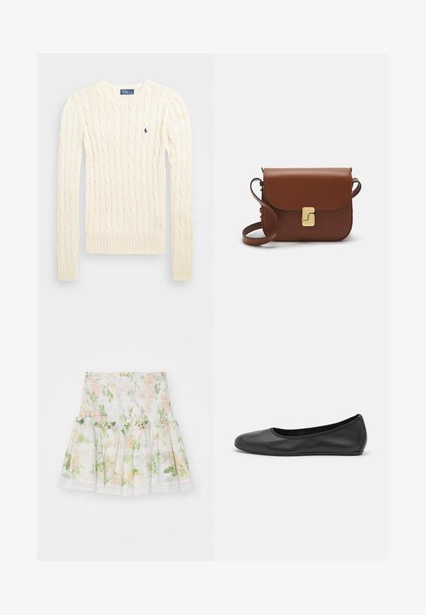 Krems krāsas adīts džempers ar garām piedurknēm, ribotām aprocēm un apakšmalu, ar nelielu izšūtu logotipu kreisajā krūtī.; Ziedu rakstā veidota svārki, kas izgatavoti no viegla auduma. Tiem ir smocēta josta, viļņots apakšmalis un mežģīņu akcenti. Krāsas ietver rozā, zaļu un baltu.; Melna ādas baleta kurpe ar noapaļotu purngalu, gludu tekstūru, minimālu šuvju detalizāciju un elastīgu zoles dizainu.; Bordo ādas rokas soma ar atloku, zeltītām detaļām, plecu siksnu un gludu virsmu. Kompakta, taisnstūrveida forma.