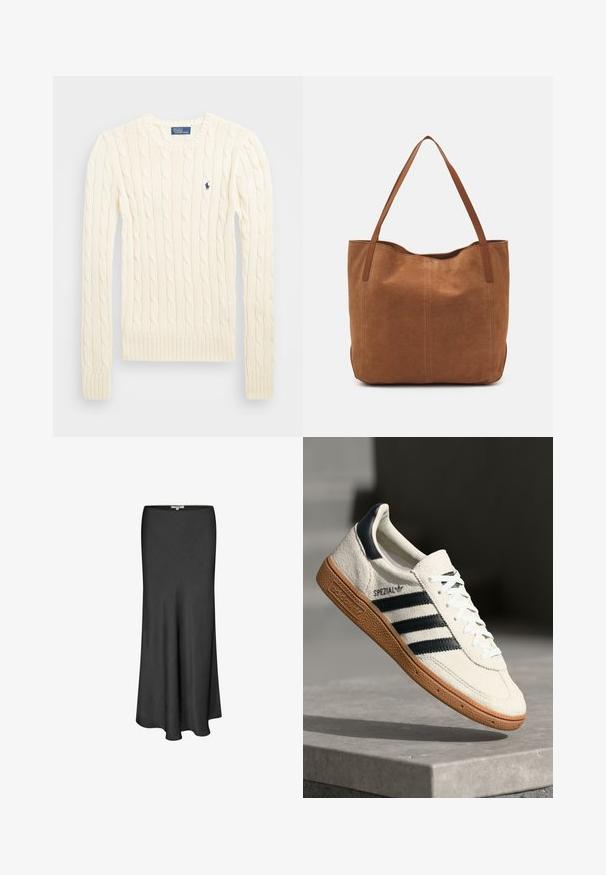 Cremefarbener kabelgehäkelter Pullover mit langen Ärmeln, gerippten Bündchen und Saum, mit einem kleinen gestickten Logo auf der linken Brust.; Schwarzer midi Rock aus glattem Stoff, mit einem fließenden A-Linien-Design, einfarbig und mit einer subtilen Textur durchgehend.; Weiße Wildleder-Sneaker mit marineblauen Streifen, Gummisohle, strukturiertem Obermaterial, runder Zehenform und Schnürung; mit Branding an der Seite und auf der Zunge.; Braune Wildleder-Tote mit zwei langen Henkeln, die eine glatte Textur, ein einfaches Design und keine sichtbaren Beschläge oder Akzente aufweist.; Goldenes rechteckiges Uhrenarmband mit einem weißen Ziffernblatt, minimalistischen Stundenmarkierungen und einem Metallmeshband. Verfügt über eine seitliche Krone zur Zeiteinstellung.