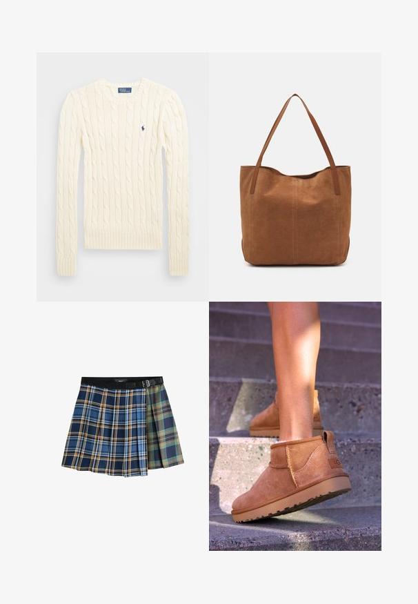Cremefarvet kabelstrikket sweater med lange ærmer, ribbede manchetter og kant, med et lille broderet logo på venstre bryst.; Plisseret miniskørt med tofarvede tern i blå, orange, grøn og marineblå, med en sort livrem og spænde.; Tan ruskind ankelstøvler med en blød tekstur, stikninger og en gummisål, der har en løkkehælkappe for nem på- og aftagning.; Brun ruskinds tote bag med to lange håndtag, der har en glat tekstur, enkelt design og ingen synlige metaldele eller accenter.
