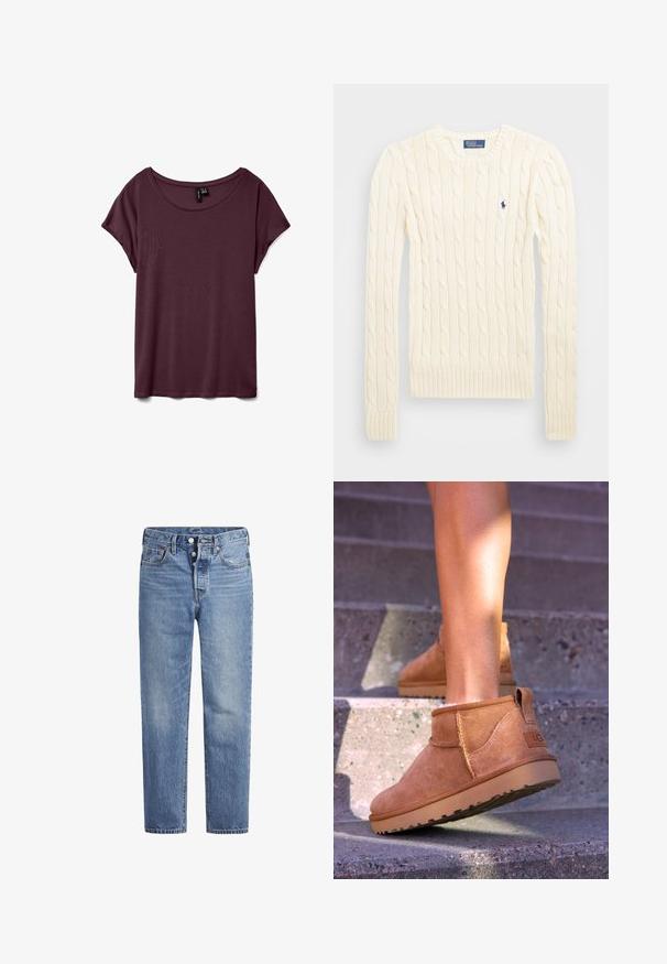 Crème kabelbreiselsweater met lange mouwen, geribbelde manchetten en zoom, met een klein geborduurd logo op de linkerkant van de borst.; Bordeaux rood T-shirt met korte mouwen, ronde halslijn, gemaakt van zachte stof met een gladde textuur. Dit shirt heeft een relaxte pasvorm en minimale stikseldetails.; Lichtblauwe spijkerbroek met een rechte snit, vijf zakken en een knoopsluiting. Heeft subtiele vervaging en oranje stikselaccenten.; Tamme suède enkelboots met een zachte textuur, gestikte details en een rubberen zool, met een lusvormige hak voor gemakkelijk aan- en uittrekken.