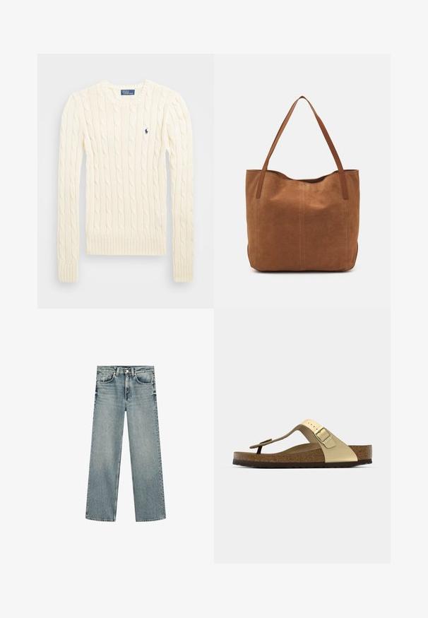 Pull en maille torsadée crème avec manches longues, poignets et ourlet côtelés, présentant un petit logo brodé sur la poitrine gauche.; Jean droit bleu clair en denim, doté d'une fermeture par bouton et zip, de cinq poches et d'ourlets bruts.; Sandale avec semelle en liège de couleur or clair, dotée d'un design à tongs et d'une boucle ajustable. Présente une semelle extérieure texturée pour une meilleure adhérence. Schéma de couleurs neutres.; Sac fourre-tout en suede marron avec deux longues poignées, présentant une texture lisse, un design simple, et sans matériel ni accents visibles.